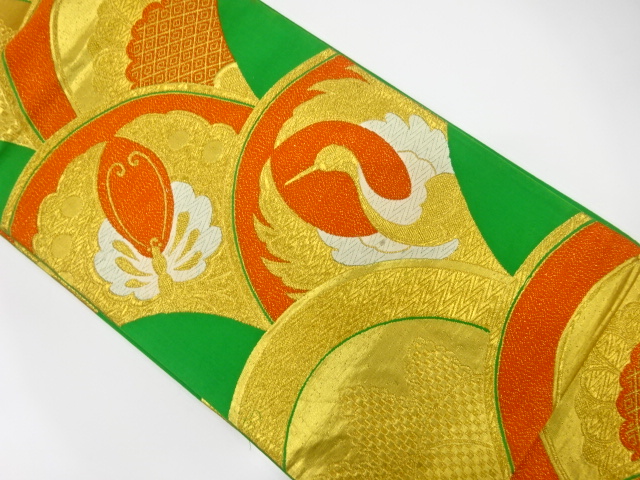 JAPANESE KIMONO / ANTIQUE FUKURO OBI / SILK / WOVEN CRANE & KIKU